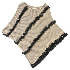 Cache Poncho Women M/L Fawn New Faux Fur Trim Cable Knit Angora Blend